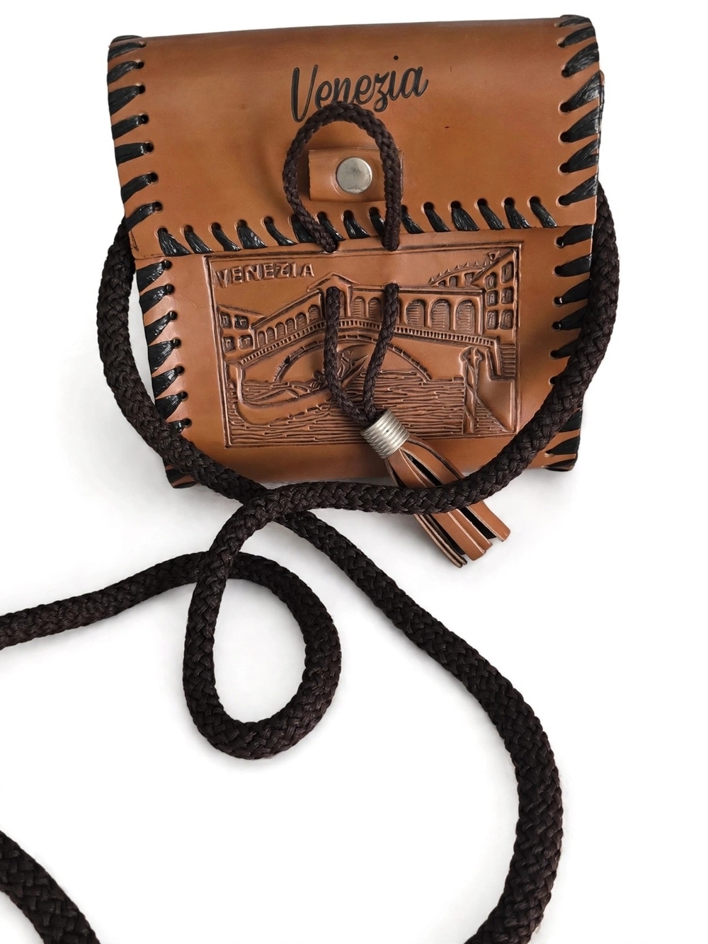 Venezia Embossed Brown Leather Crossbody Bag